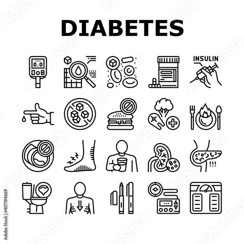Diabetes Treatment Collection Icons Set Vector. Blood Sugar Measurement And Control, Insulin Syringe And Pills, Eat Healthy Food And Drink Water Black Contour Illustrations