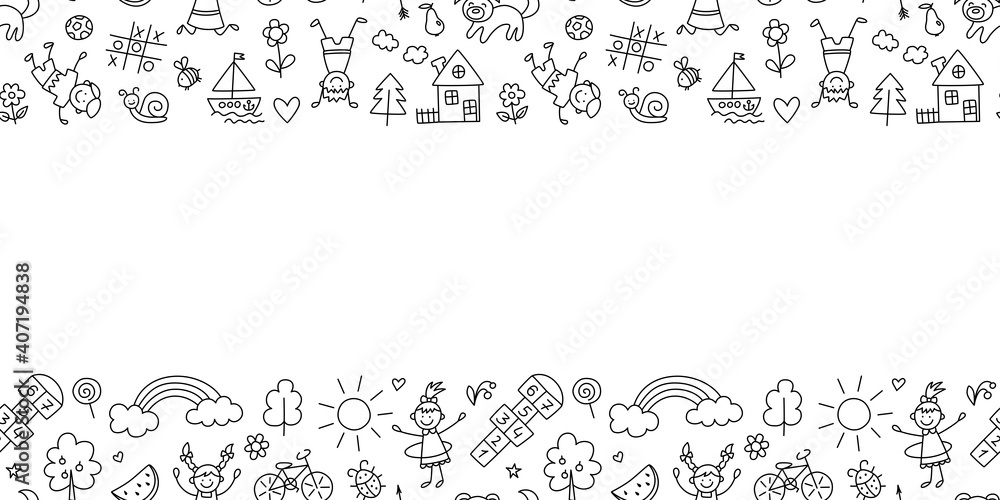 Happy children in summer park. Funny small kids play, run and jump. Background in kid doodle style. Hand drawn vector illustration