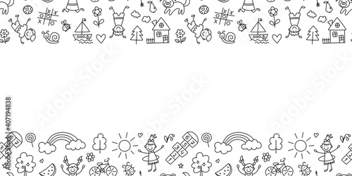 Happy children in summer park. Funny small kids play, run and jump. Background in kid doodle style. Hand drawn vector illustration