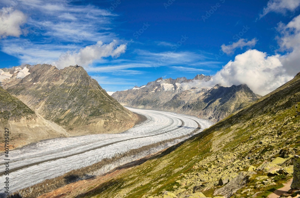 Aletsch glacier. Largest and longest glacier in Euopra, Valais Switzerland. Panoramic view of the Jungfrau. fantastic view and panorama. Aletsch arena