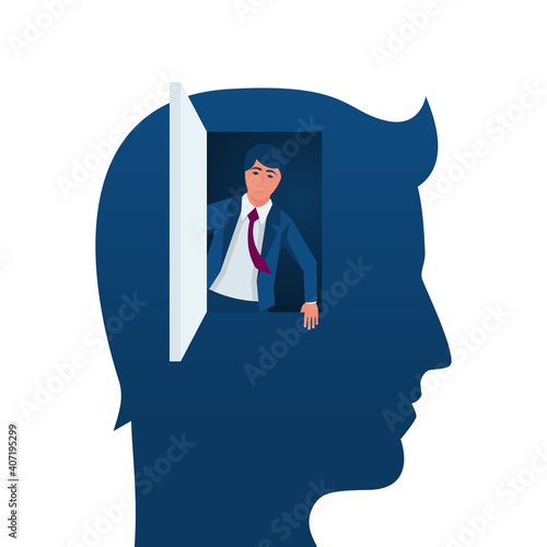 Freedom of mind. Get out of the closed mind, business metaphor. Open the door to a world of possibilities. Vector illustration flat design. Isolated on white background.
