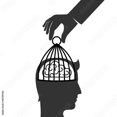 Person removes a cell from the brain. Remove restrictions. Freedom of mind. Get out of the closed mind, business metaphor. Open the door to a world of possibilities. Vector illustration flat design.