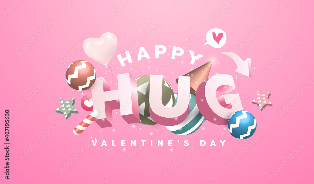 14 February Happy Valentine's day banner with 3D text design, ball, star, heart balloons elements. Lovely Objects on Pink background. 14 February Happy Valentine's day banner with 3D text design, ball, star, heart balloons elements. Lovely Objects on Pink background.