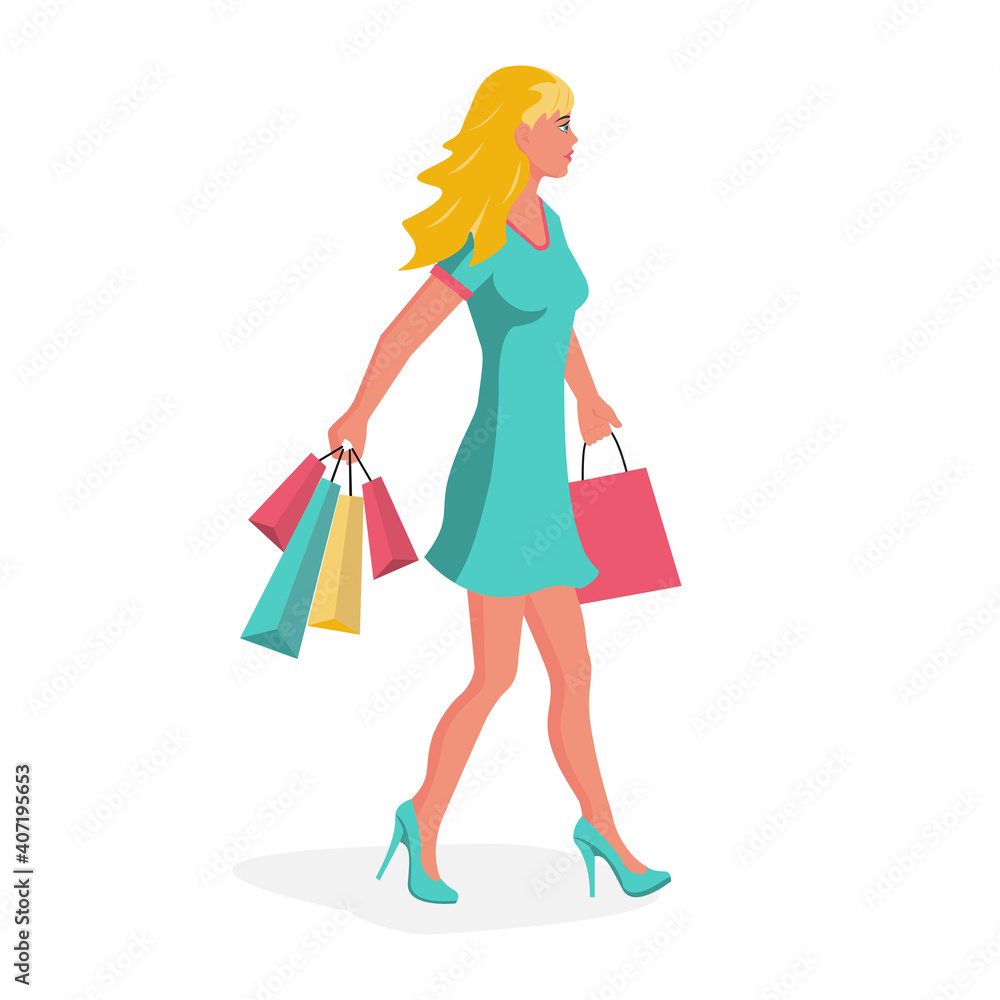 A beautiful woman comes from the store. Girl with purchases. Vector illustration.