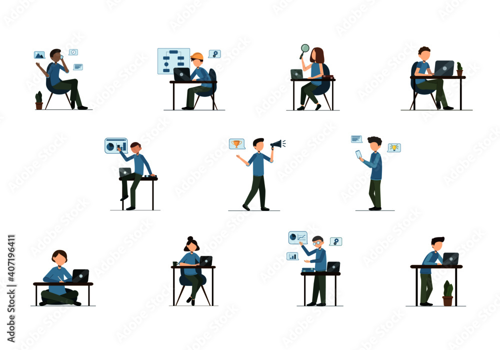 Developers set isolated on white background. Web and mobile developers, business analyst, UI-UX designer, QA tester, project manager, system architect, team leader, data scientist. Vector illustration