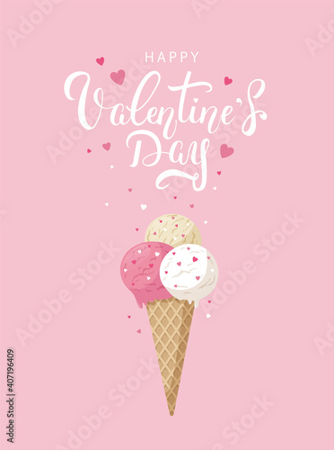 Valentine's Day creative greeting card with cute ice cream cone illustration on pink background. - Vector