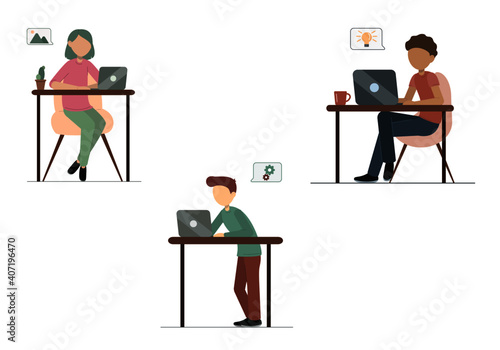Developers working on laptops set. UI/UX designer and web developers on white background. Vector flat illustration.