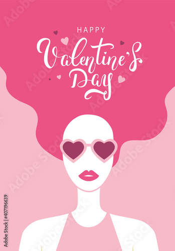Beautiful girl portrait in heart-shaped sunglasses and pink hair. Valentine's day greeting card with handwritten calligraphic text. - Vector