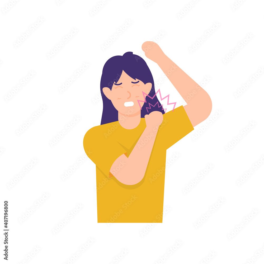 a woman who feels shoulder pain when she raises her arm. stretches muscles and joints. the expression of the sick and unhealthy. flat style. vector design elements. a woman who feels shoulder pain when she raises her arm. stretches muscles and joints. the expression of the sick and unhealthy. flat style. vector design elements.