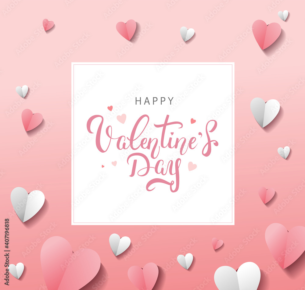 Happy Valentine's Day banner or greeting card design template. Beautiful vector lettering on cute pink background with paper hearts