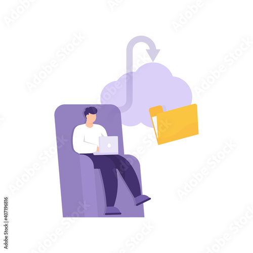 a concept of automatic data backup, online cloud storage. illustration of a man working on a laptop and uploading a file to the cloud. sitting on the sofa. flat style. vector design elements