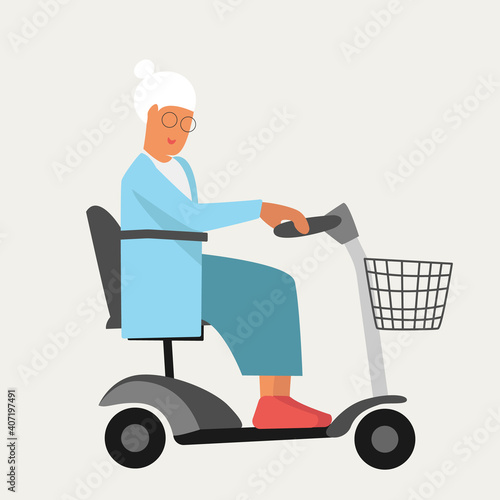 Granny old woman on wheelchair electric scooter in flat style. Happy retirement for disabled people. Stop ageism. Active senior mobility