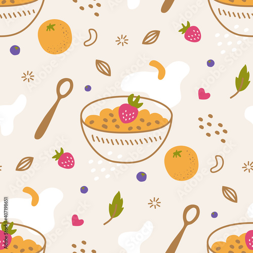Vector seamless pattern with granola, orange and nuts in natural shades. Healthy breakfast concept. 