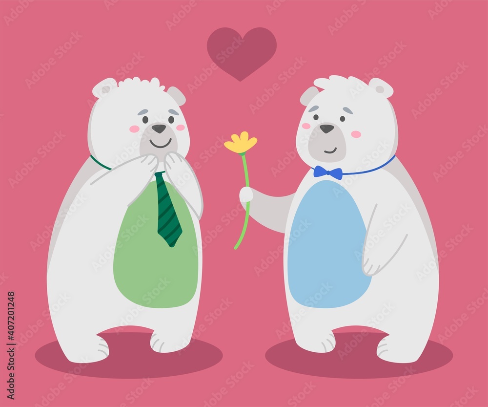 Cute bears LGBT couple in love happy valentines day, bears with flowers, cartoon characters together nature wildlife vector flat illustration Cute bears LGBT couple in love happy valentines day, bears with flowers, cartoon characters together nature wildlife vector flat illustration