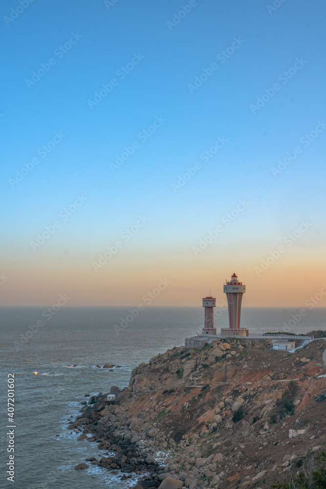 The lighthouse at Nan'ao island, in Guangdong province, China, at sunset.