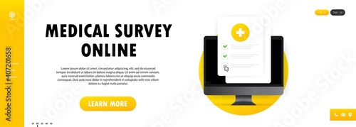 Medical survey online illustration. Medical form list with results data and approved check mark. Clinical checklist document on computer. Electronic online insurance, medicine service. Vector EPS 10