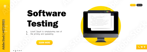 Software testing banner. Development, programming, coding on computer illustration. Vector on isolated white background. EPS 10