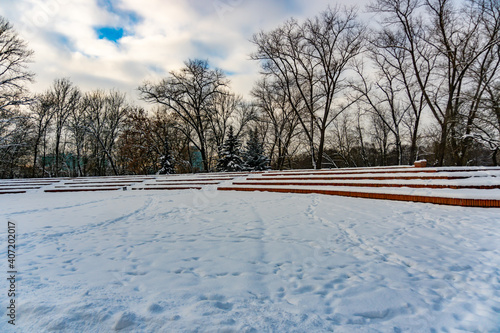 Summer amphitheater under the snow, concert area in winter, Belarus, Minsk photo