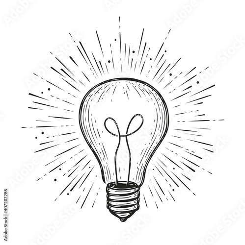 Light bulb shining. Hand drawn concept idea symbol