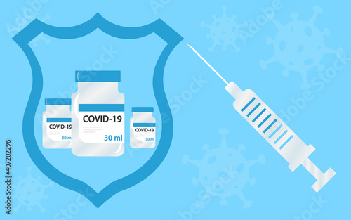 Vector illustration of a vaccine against coronavirus and syringe, vaccination campaign and treatment. All elements are isolated.