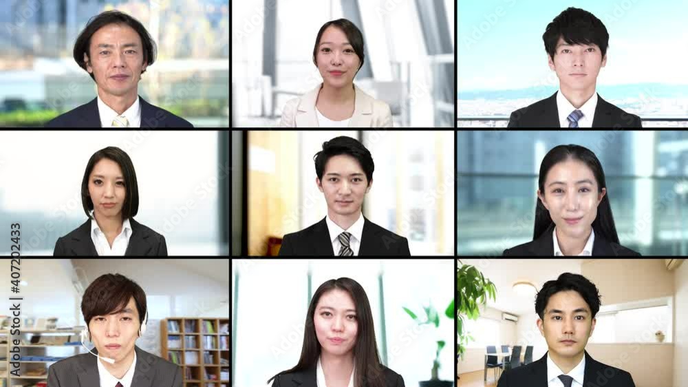オンライン会議 イメージ ビジネス9人 全員聞き手 全員スーツ 合成画面用 オンライン会議 イメージ ビジネス9人 全員聞き手 全員スーツ 合成画面用