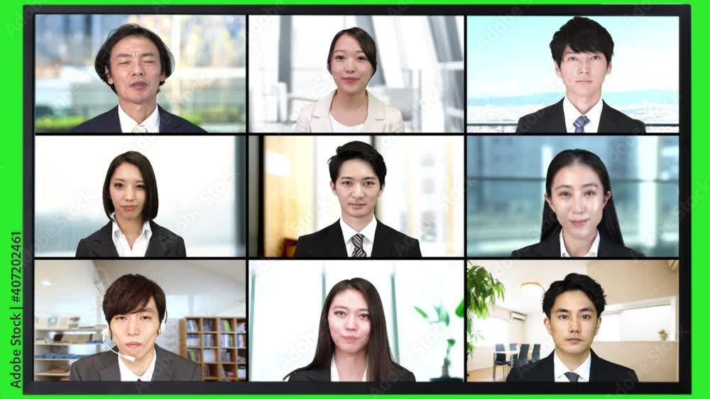 オンライン会議 イメージ ビジネス9人 左上がホスト 全員スーツ モニター枠付 クロマキー 合成用 オンライン会議 イメージ ビジネス9人 左上がホスト 全員スーツ モニター枠付 クロマキー 合成用