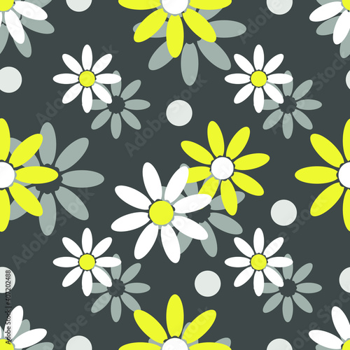 Chamomile flowers on a gray background. Seamless spring pattern for textiles  pillows  slipcovers  bedding  wrapping paper. Vector illustration.