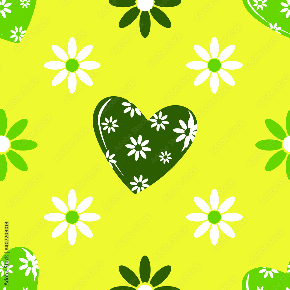 Fototapeta premium Chamomile flowers on a green background. Seamless spring pattern for textiles, pillows, slipcovers, bedding, wrapping paper. Vector illustration.