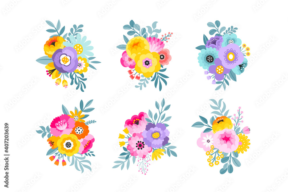 Set of beautiful vector flower arrangements. Colorful floral bouquet decorations. Spring ornaments. Spring floral decoration. Isolated botanical graphics. 