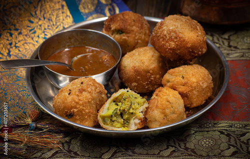 Indian potato bread bonda and tamarind chutney