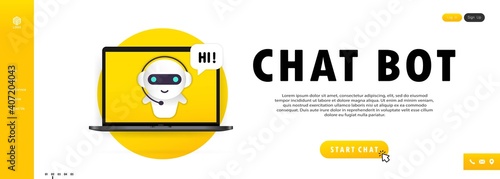 Chatbot in laptop illustration. Online assistant bot landing page template. Dialog, message. Technical support. For web page. Vector on isolated white background. EPS 10
