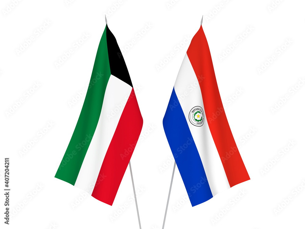 National fabric flags of Kuwait and Paraguay isolated on white background. 3d rendering illustration.