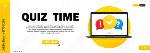 Quiz online on laptop. The concept is the question with the answer. Quiz time. Vector illustration.