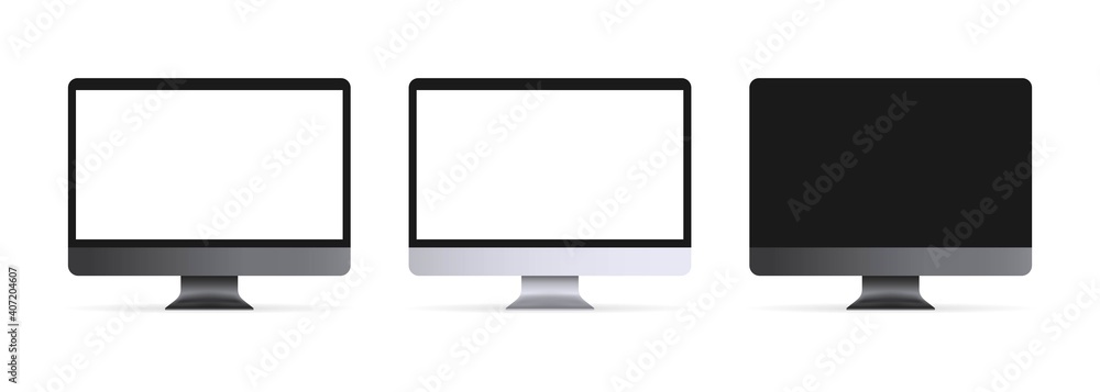 Realistic desktop computer with blank display. PC in front and side view. In black, silver and space gray color. Vector on isolated transparent background. EPS 10 Realistic desktop computer with blank display. PC in front and side view. In black, silver and space gray color. Vector on isolated transparent background. EPS 10