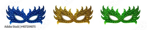 Blue, gold, green paper carnival masks isolated on white.