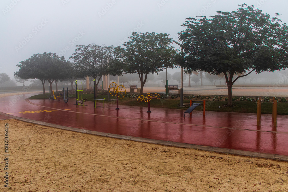 Outdoor gym equipment on foggy morning in the park. Outdoors