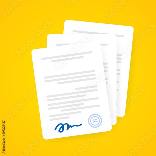 Document icon. Paper documents with signature and text, contract idea. Confirmed or approved document. Vector on isolated background. EPS 10 © Coosh448