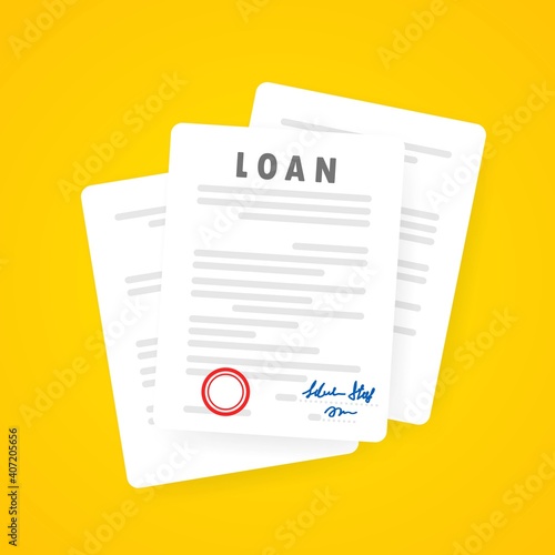 Loan agreement document. Signed contractual document with an approved stamp. Commercial real estate deal. Vector on isolated background. EPS 10