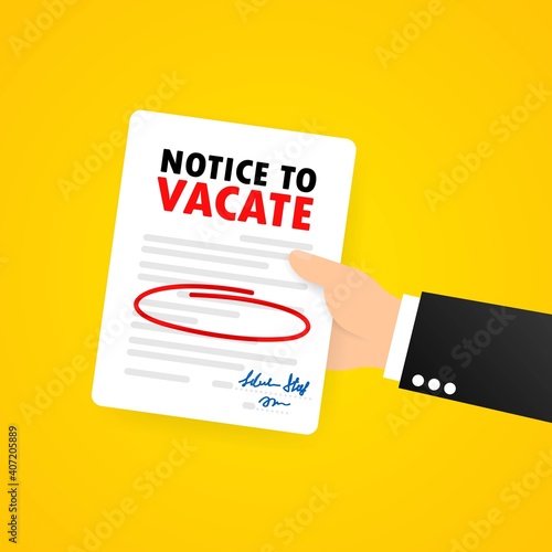 Businessman is holding legal documents. Eviction Notice Form. Human resource management concept. Vector on isolated background. EPS 10