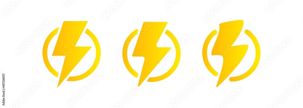 Obraz premium Lightning icon. Electricity energy and thunder symbol concept. Lightning bolt in a circle. Vector on isolated white background. EPS 10