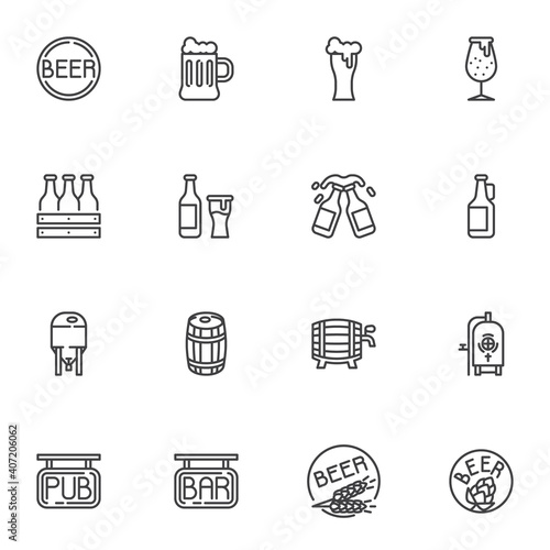 Beer pub line icons set, brewery outline vector symbol collection, linear style pictogram pack. Signs, logo illustration. Set includes icons as craft beer bottle, bar signboard, alcohol pint glass