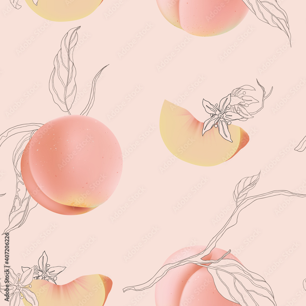 Fruit seamless pattern, peaches with flowers and leaves on bright pink Fruit seamless pattern, peaches with flowers and leaves on bright pink