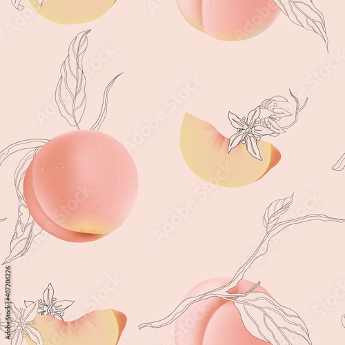 Fruit seamless pattern, peaches with flowers and leaves on bright pink
