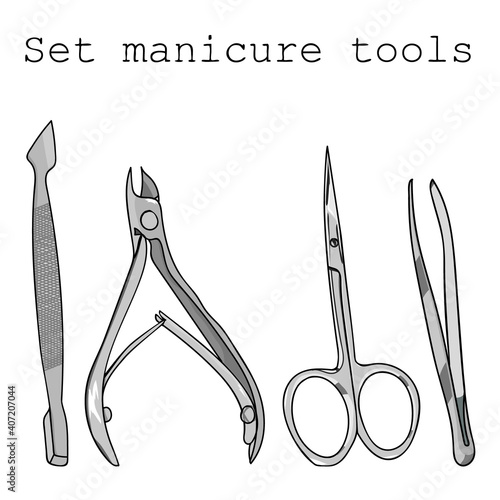 A set of tools for manicure. Hand drawing. Vector illustration. Isolated vector manicure tools object.