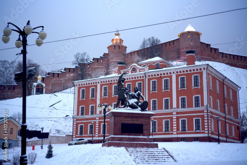 Nizhny Novgorod, Russia. January 5, 2021: National unity square. Monument to Minin and Pozharsky. 