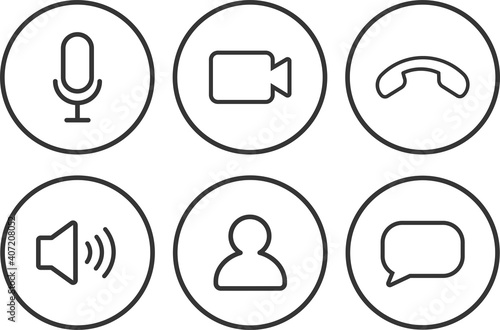 Set of Video call icons. Video conference. Collections buttons of on-line video chat app, internet talk, call technology. Web app ui display template. Videoconferencing and online meeting workspace