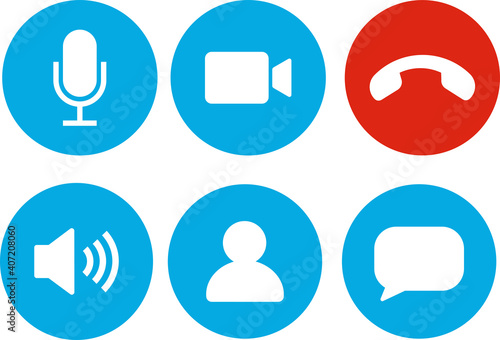 Set of Video call icons. Video conference. Collections buttons of on-line video chat app, internet talk, call technology. Web app ui display template. Videoconferencing and online meeting workspace