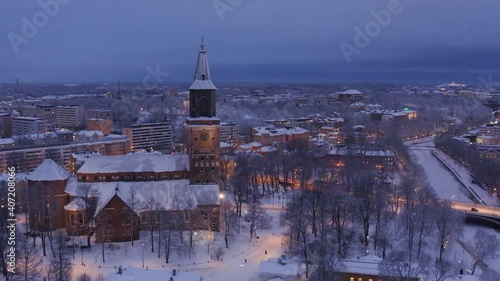 Aerial view of the Turku Cathedral in winter night in Turku, Finland