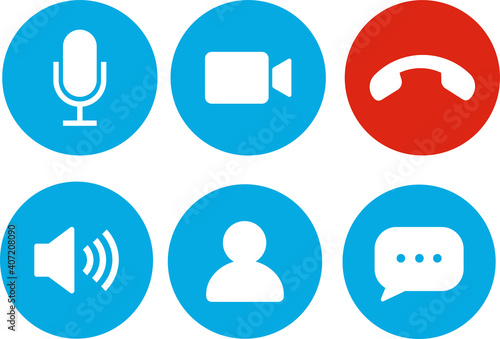 Set of Video call icons. Video conference. Collections buttons of on-line video chat app, internet talk, call technology. Web app ui display template. Videoconferencing and online meeting workspace