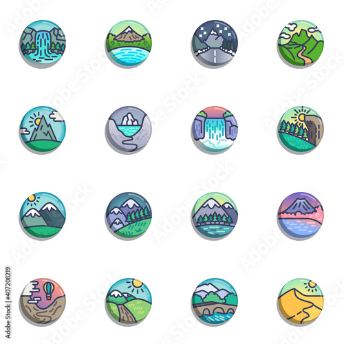 Nature landscape collection, flat icons set, Colorful symbols pack contains - waterfall, snowy mountain landscape, forest trees, meadow, desert sun. Vector illustration. Flat style design